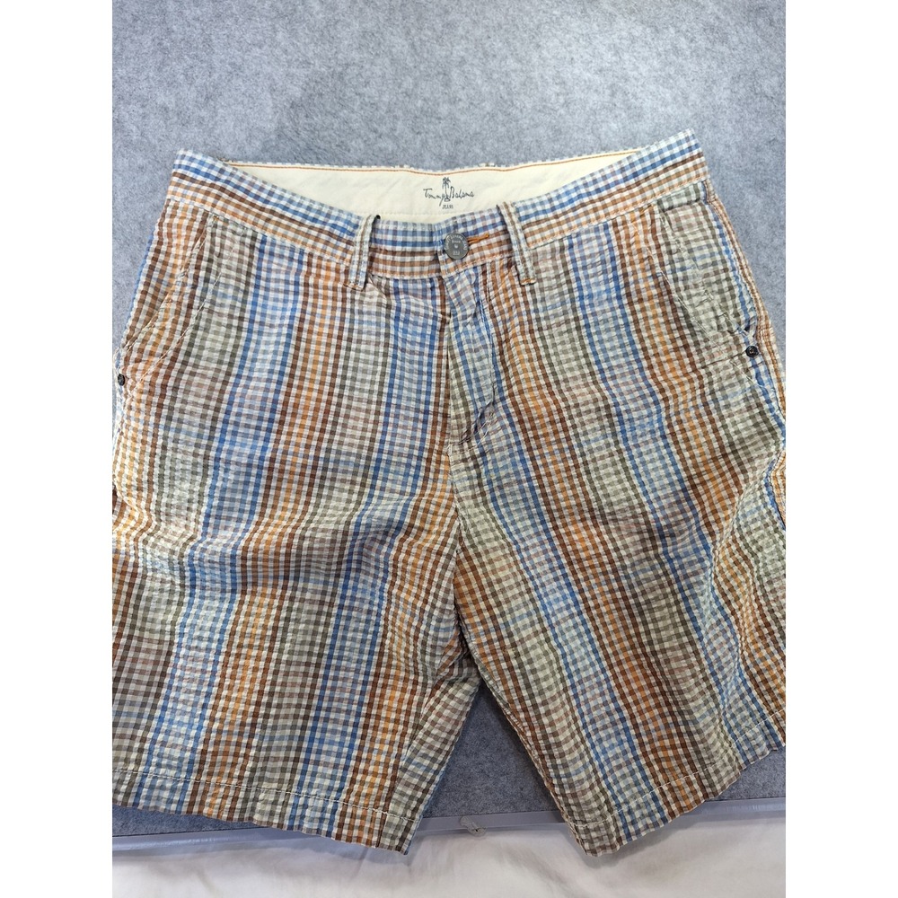 Tommy Bahama Mens 34 Plaid Seersucker Shorts Blue Orange Cotton T0428W
